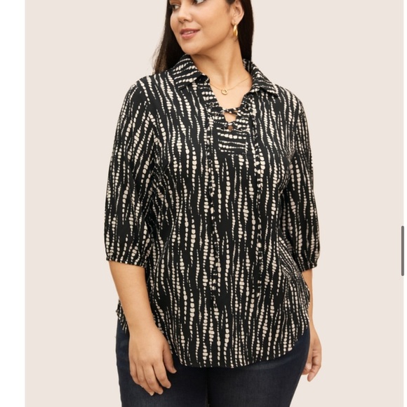 BloomChic Plus Size Shirt Collar Striped Tab Sleeve Blouse - Picture 4 of 8